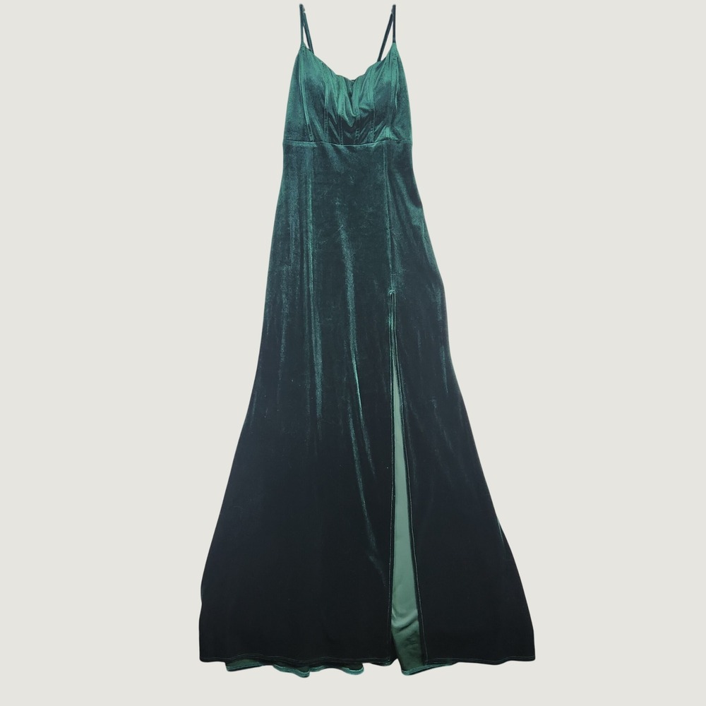 Velvet Maxi Dress Women 11/12 Emerald Green Slit Formal Prom 90's Goth Holiday